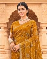 Vishal Prints Ochre Designer Fancy Chiffon Saree With Zari-Embroidery Work And Cut Work Border
