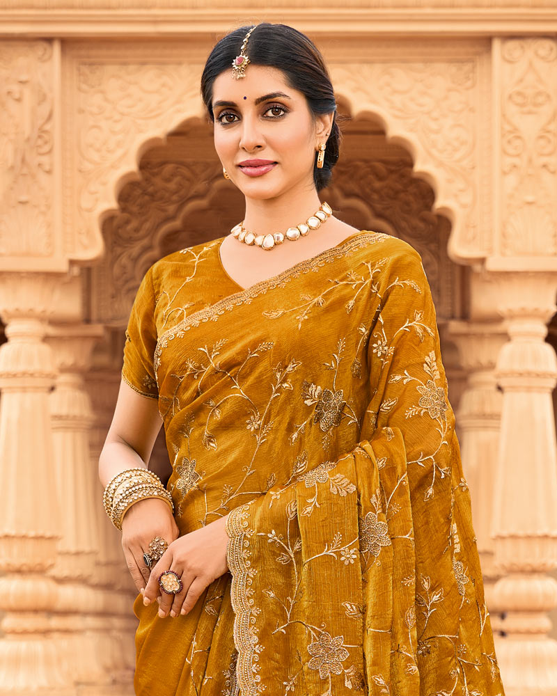 Vishal Prints Ochre Designer Fancy Chiffon Saree With Zari-Embroidery Work And Cut Work Border