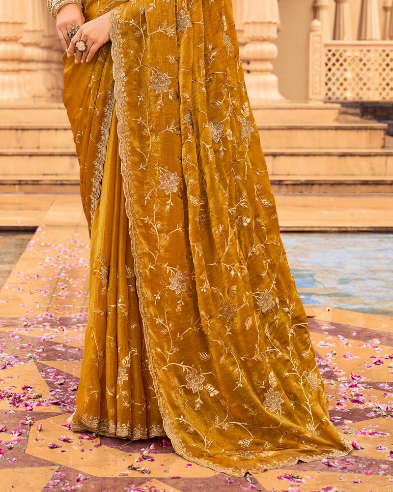 Vishal Prints Ochre Designer Fancy Chiffon Saree With Zari-Embroidery Work And Cut Work Border