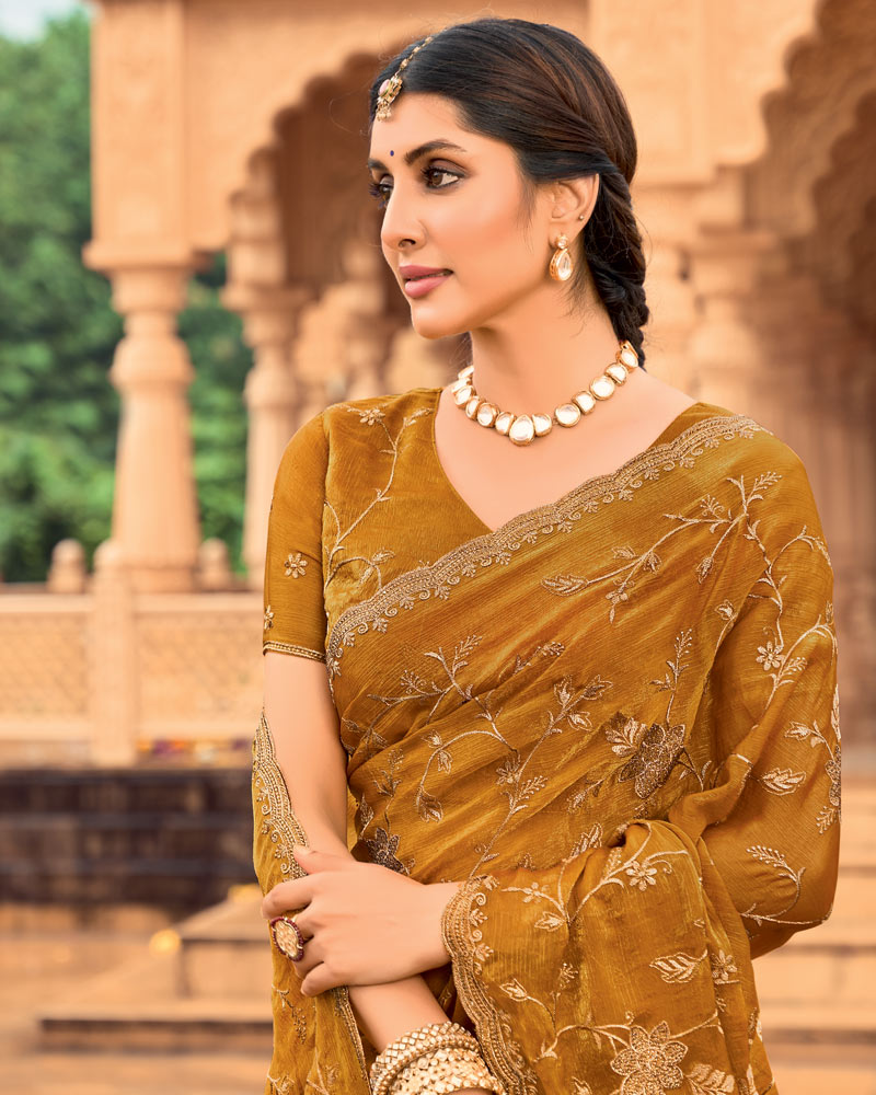 Vishal Prints Ochre Designer Fancy Chiffon Saree With Zari-Embroidery Work And Cut Work Border
