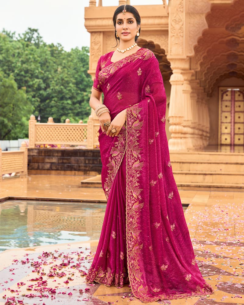 Vishal Prints Purple Red Designer Fancy Chiffon Saree With Zari-Embroidery Work And Cut Work Border
