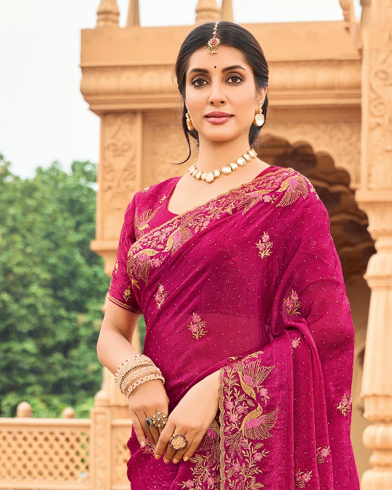 Vishal Prints Purple Red Designer Fancy Chiffon Saree With Zari-Embroidery Work And Cut Work Border