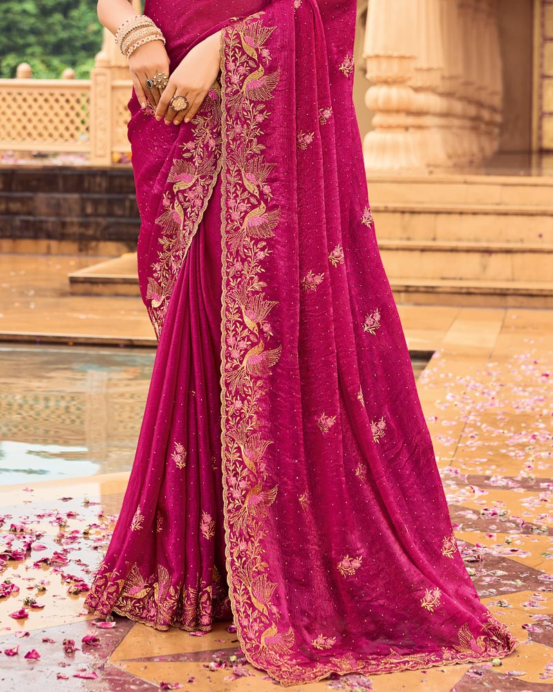 Vishal Prints Purple Red Designer Fancy Chiffon Saree With Zari-Embroidery Work And Cut Work Border