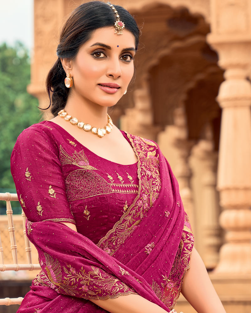 Vishal Prints Purple Red Designer Fancy Chiffon Saree With Zari-Embroidery Work And Cut Work Border