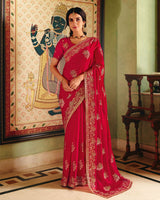 Shiraz Red Designer Fancy Chiffon Saree With Zari Embroidery-Diamond Work And Cut Work Border
