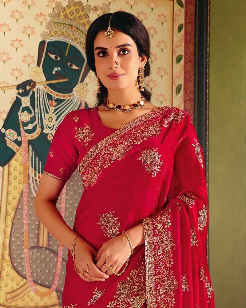 Shiraz Red Designer Fancy Chiffon Saree With Zari Embroidery-Diamond Work And Cut Work Border