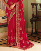 Shiraz Red Designer Fancy Chiffon Saree With Zari Embroidery-Diamond Work And Cut Work Border