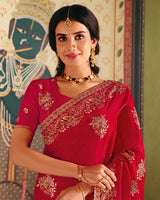 Shiraz Red Designer Fancy Chiffon Saree With Zari Embroidery-Diamond Work And Cut Work Border