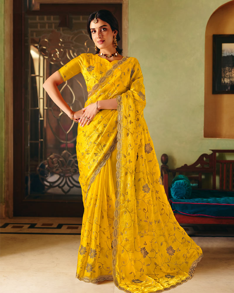 Golden Yellow Designer Fancy Chiffon Saree With Zari Embroidery-Diamond Work And Cut Work Border