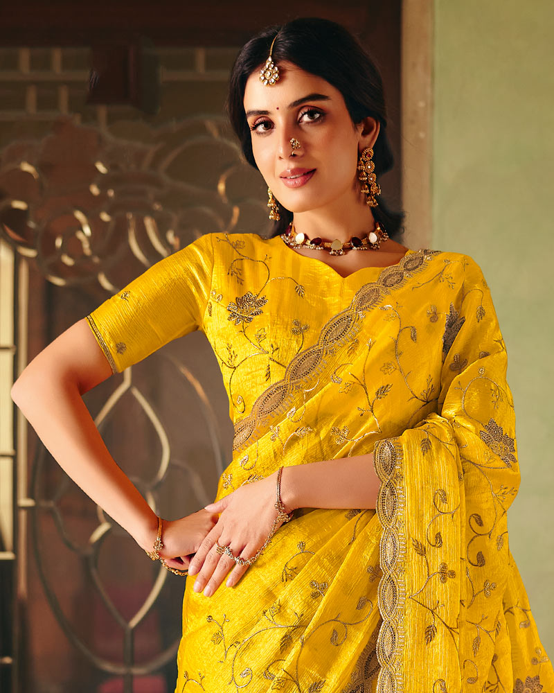 Golden Yellow Designer Fancy Chiffon Saree With Zari Embroidery-Diamond Work And Cut Work Border