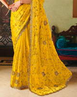Golden Yellow Designer Fancy Chiffon Saree With Zari Embroidery-Diamond Work And Cut Work Border
