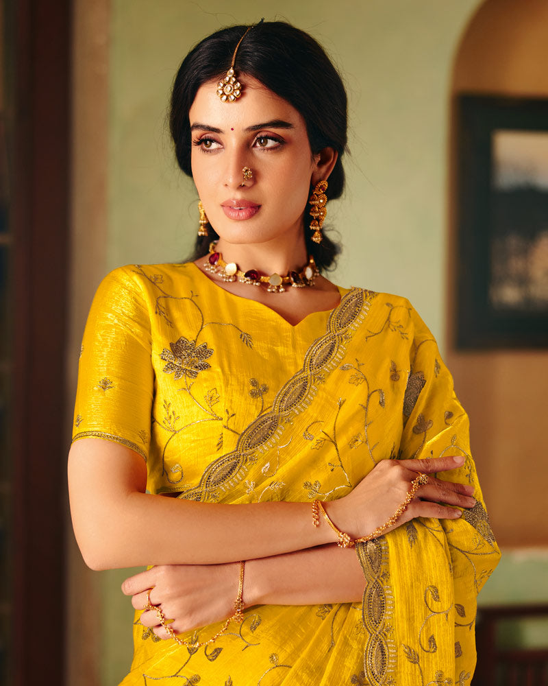 Golden Yellow Designer Fancy Chiffon Saree With Zari Embroidery-Diamond Work And Cut Work Border