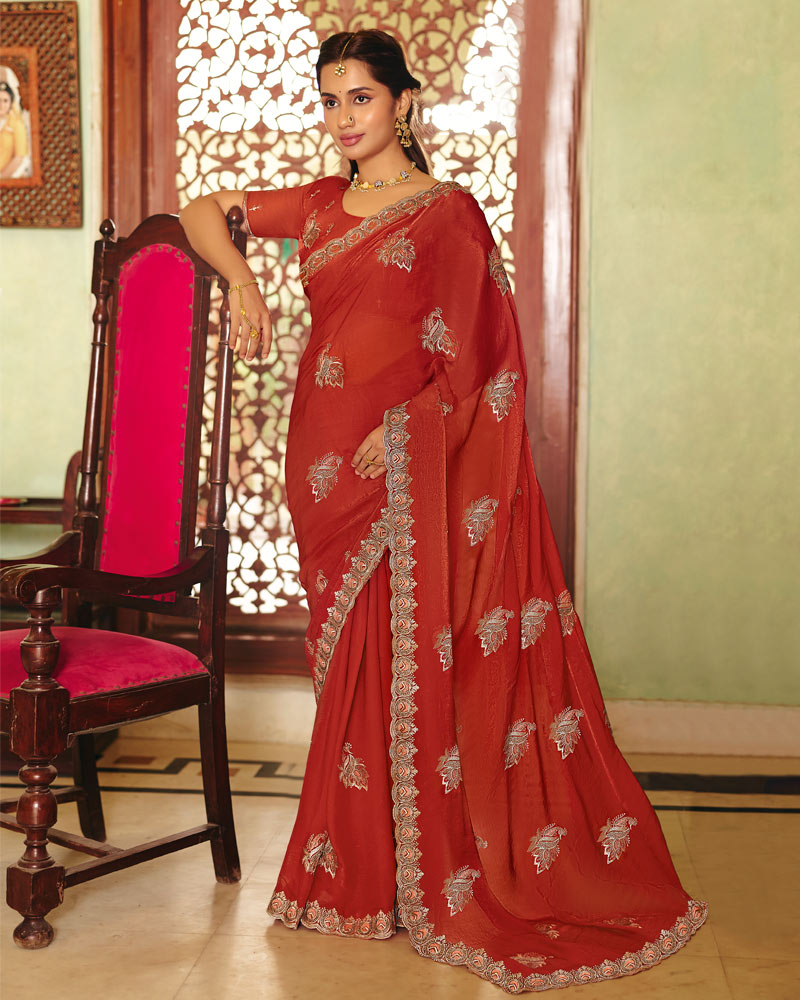 Rusty Red Designer Fancy Chiffon Saree With Zari Embroidery-Diamond Work And Cut Work Border