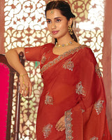 Rusty Red Designer Fancy Chiffon Saree With Zari Embroidery-Diamond Work And Cut Work Border