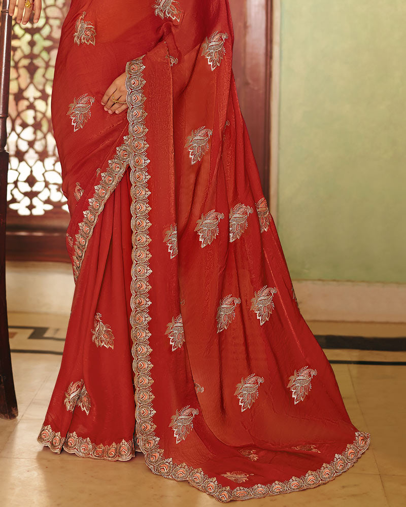 Rusty Red Designer Fancy Chiffon Saree With Zari Embroidery-Diamond Work And Cut Work Border
