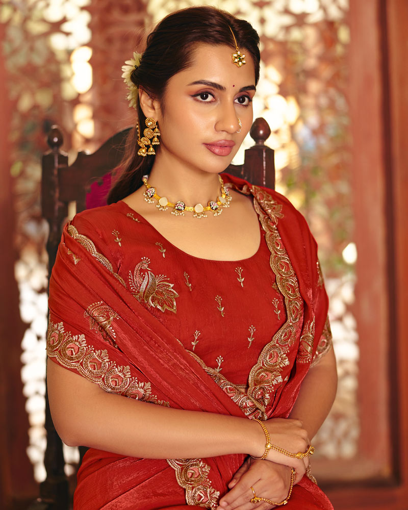 Rusty Red Designer Fancy Chiffon Saree With Zari Embroidery-Diamond Work And Cut Work Border