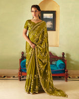 Greeny Brown Designer Fancy Chiffon Saree With Zari Embroidery-Diamond Work And Cut Work Border