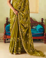 Greeny Brown Designer Fancy Chiffon Saree With Zari Embroidery-Diamond Work And Cut Work Border