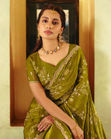 Greeny Brown Designer Fancy Chiffon Saree With Zari Embroidery-Diamond Work And Cut Work Border