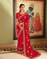 Venetian Red Designer Fancy Chiffon Saree With Zari Embroidery-Diamond Work And Cut Work Border