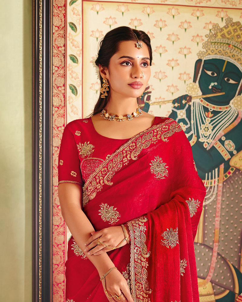 Venetian Red Designer Fancy Chiffon Saree With Zari Embroidery-Diamond Work And Cut Work Border
