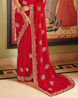 Venetian Red Designer Fancy Chiffon Saree With Zari Embroidery-Diamond Work And Cut Work Border