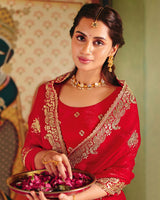 Venetian Red Designer Fancy Chiffon Saree With Zari Embroidery-Diamond Work And Cut Work Border