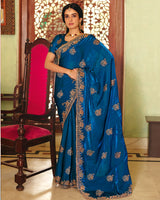 Royal Blue Designer Fancy Chiffon Saree With Zari Embroidery-Diamond Work And Cut Work Border
