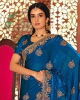 Royal Blue Designer Fancy Chiffon Saree With Zari Embroidery-Diamond Work And Cut Work Border
