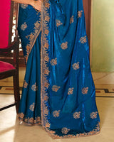 Royal Blue Designer Fancy Chiffon Saree With Zari Embroidery-Diamond Work And Cut Work Border