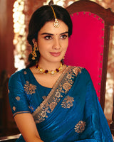 Royal Blue Designer Fancy Chiffon Saree With Zari Embroidery-Diamond Work And Cut Work Border