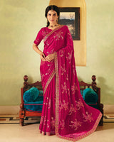 Dark Hot Pink Designer Fancy Chiffon Saree With Zari Embroidery-Diamond Work And Cut Work Border
