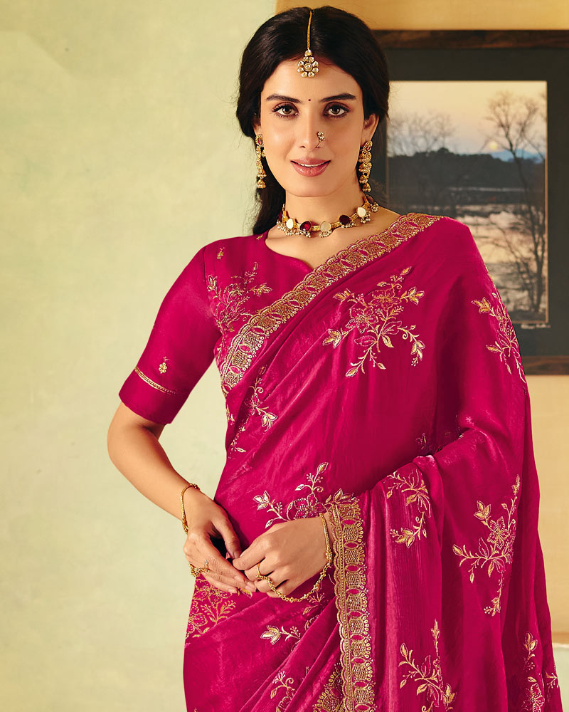 Dark Hot Pink Designer Fancy Chiffon Saree With Zari Embroidery-Diamond Work And Cut Work Border