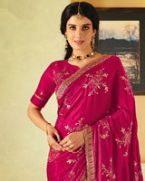 Dark Hot Pink Designer Fancy Chiffon Saree With Zari Embroidery-Diamond Work And Cut Work Border