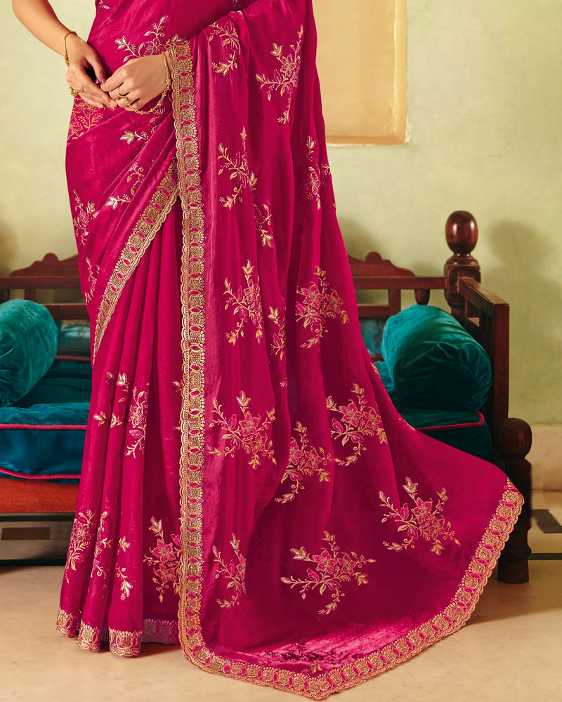 Dark Hot Pink Designer Fancy Chiffon Saree With Zari Embroidery-Diamond Work And Cut Work Border