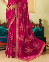 Dark Hot Pink Designer Fancy Chiffon Saree With Zari Embroidery-Diamond Work And Cut Work Border