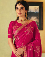 Dark Hot Pink Designer Fancy Chiffon Saree With Zari Embroidery-Diamond Work And Cut Work Border