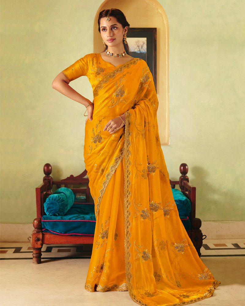Pumpkin Orange Designer Fancy Chiffon Saree With Zari Embroidery-Diamond Work And Cut Work Border