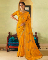 Pumpkin Orange Designer Fancy Chiffon Saree With Zari Embroidery-Diamond Work And Cut Work Border