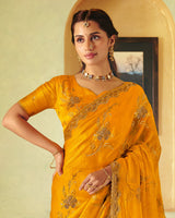Pumpkin Orange Designer Fancy Chiffon Saree With Zari Embroidery-Diamond Work And Cut Work Border