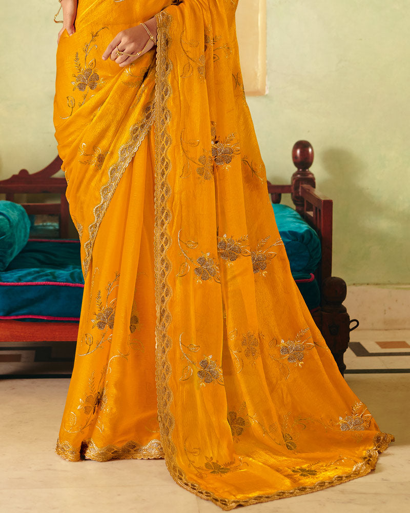 Pumpkin Orange Designer Fancy Chiffon Saree With Zari Embroidery-Diamond Work And Cut Work Border