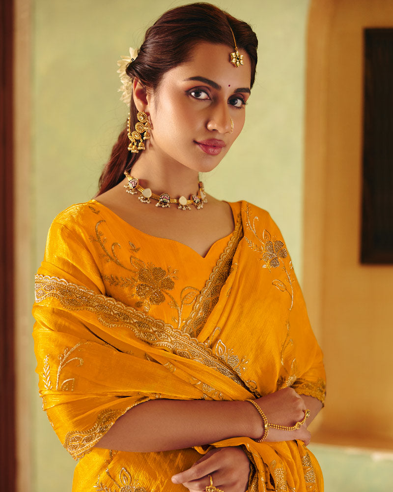 Pumpkin Orange Designer Fancy Chiffon Saree With Zari Embroidery-Diamond Work And Cut Work Border