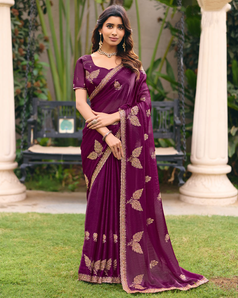 Wine Designer Fancy Chiffon Saree With Zari Embroidery Diamond Work And Cut Work Embroidery Border