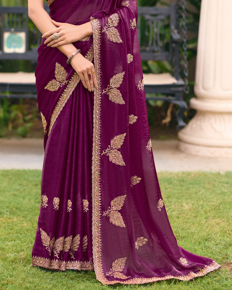 Wine Designer Fancy Chiffon Saree With Zari Embroidery Diamond Work And Cut Work Embroidery Border
