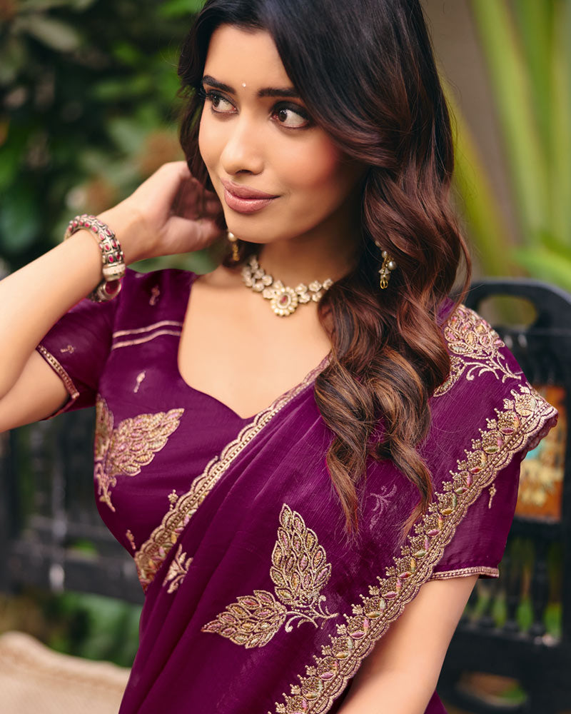 Wine Designer Fancy Chiffon Saree With Zari Embroidery Diamond Work And Cut Work Embroidery Border