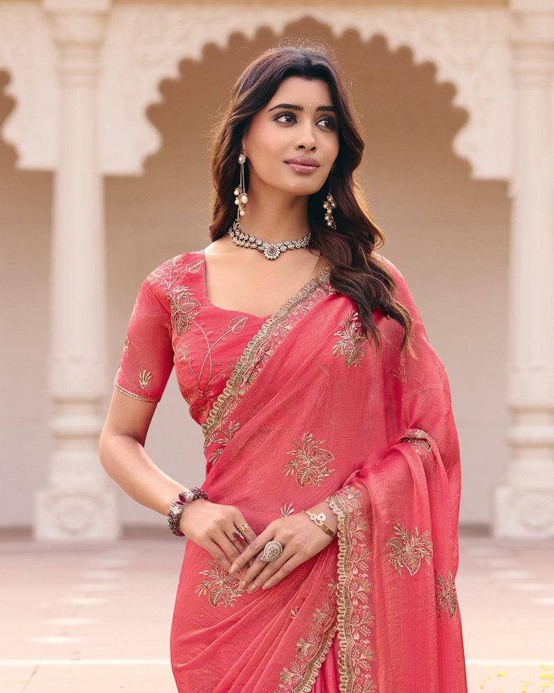 Fushia Pink Designer Fancy Chiffon Saree With Zari Embroidery Diamond Work And Cut Work Embroidery Border
