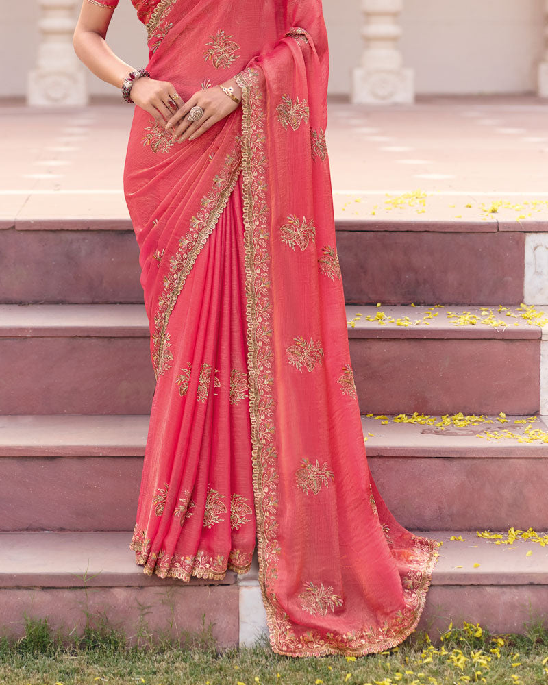 Fushia Pink Designer Fancy Chiffon Saree With Zari Embroidery Diamond Work And Cut Work Embroidery Border