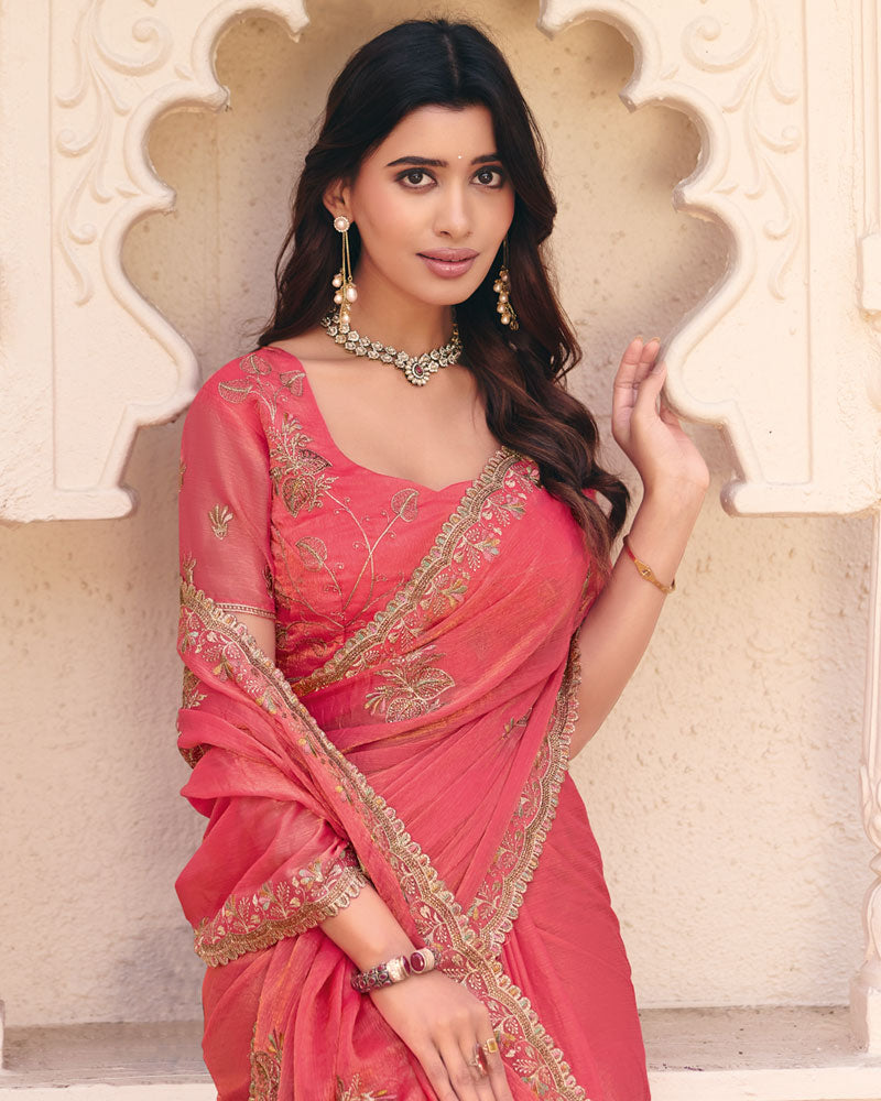 Fushia Pink Designer Fancy Chiffon Saree With Zari Embroidery Diamond Work And Cut Work Embroidery Border