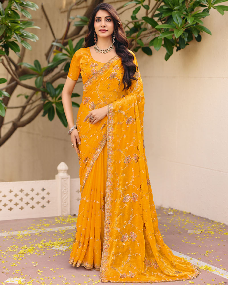 Yellow Designer Fancy Chiffon Saree With Zari Embroidery Diamond Work And Cut Work Embroidery Border