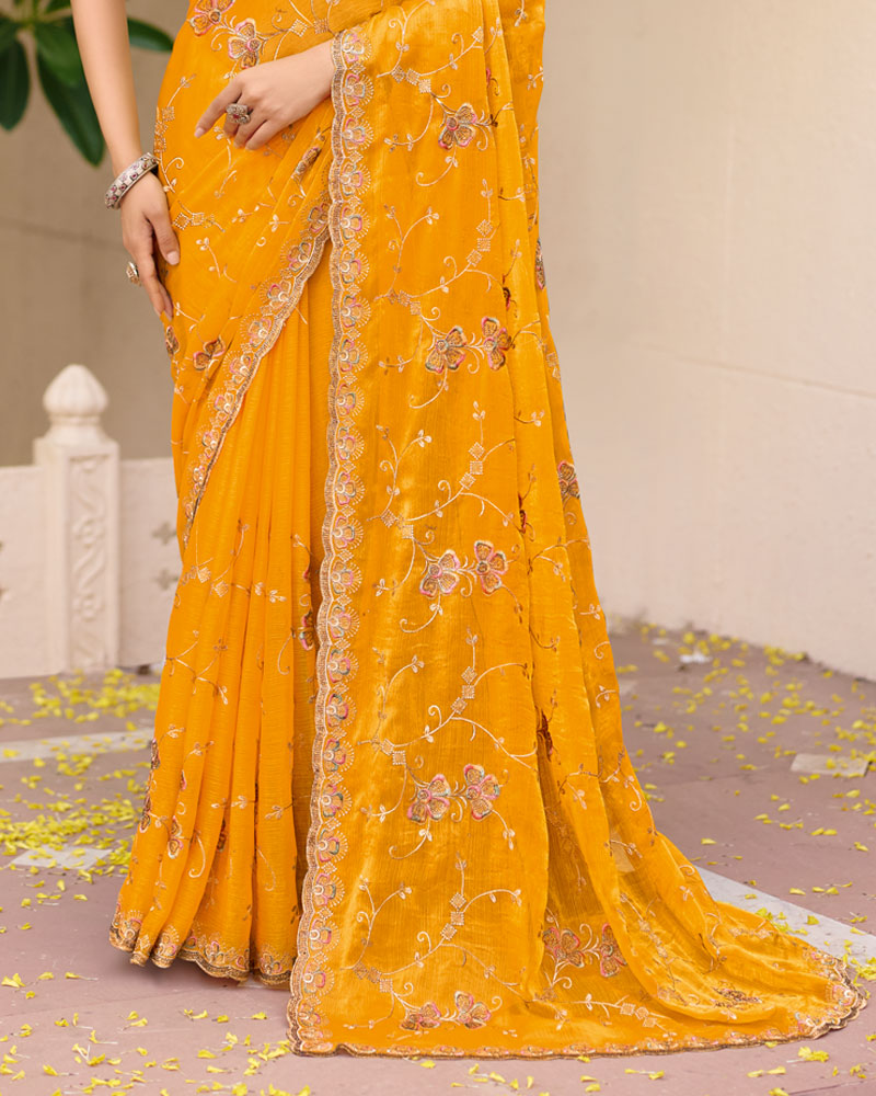 Yellow Designer Fancy Chiffon Saree With Zari Embroidery Diamond Work And Cut Work Embroidery Border